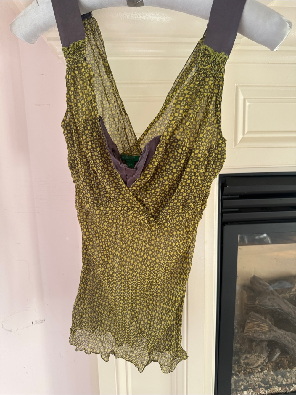 United Colors Of Benetton Olive-Green Printed Sheer V-Neck Tank